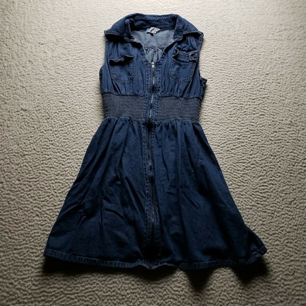 J Lee Shirt Dress Womens M Blue Denim Sleeveless Collared Zip Front Smocked